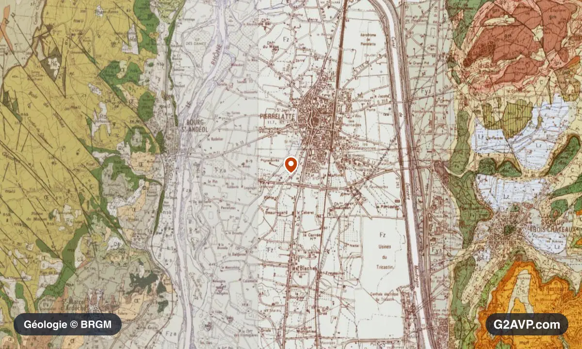 Carte géologique BRGM au 1/50 000 du secteur de Pierrelatte : sables en formations dominantes, repère au centre de la commune