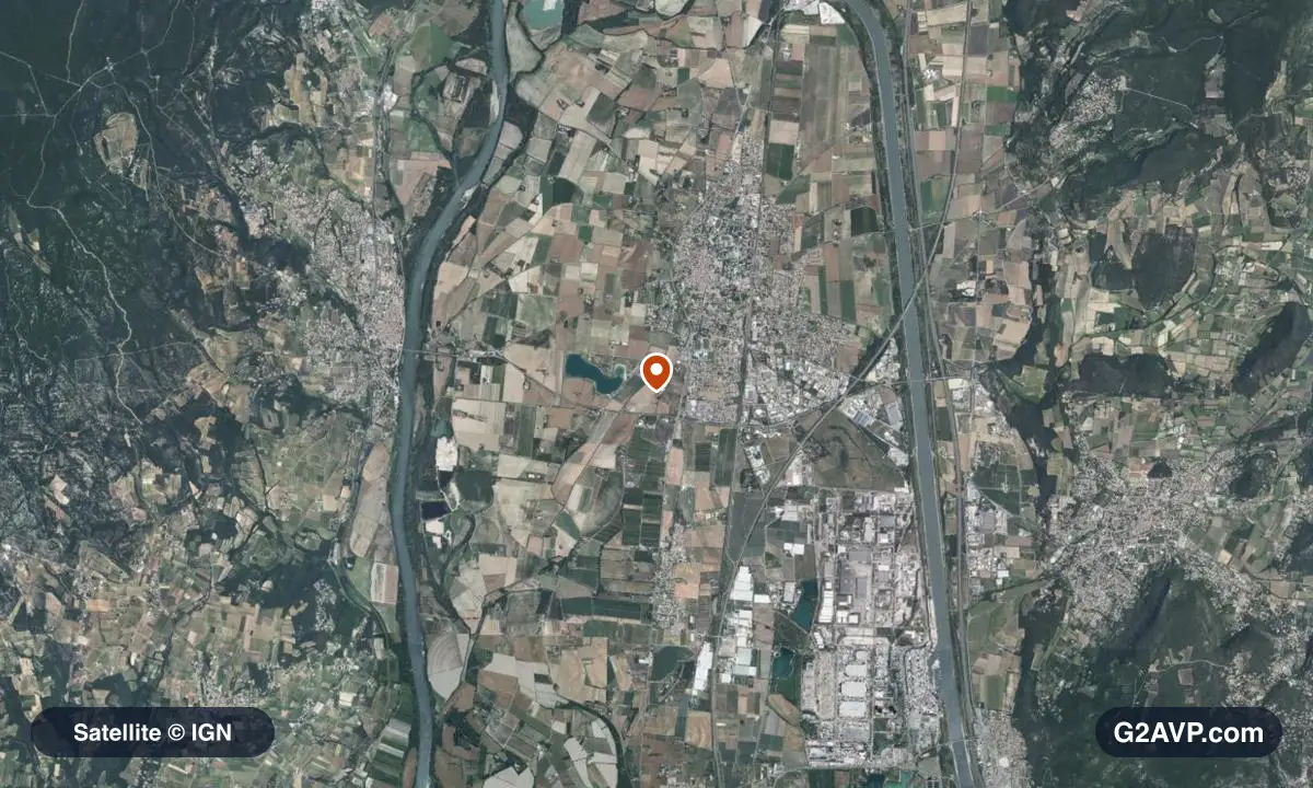 Vue satellite (orthophoto IGN) du secteur de Pierrelatte, même emprise que la carte géologique