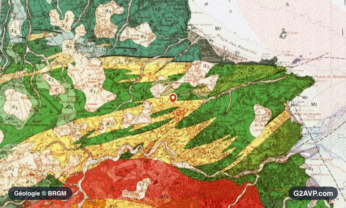 Carte géologique BRGM au 1/50 000 du secteur de Plérin : granites en formations dominantes, repère au centre de la commune