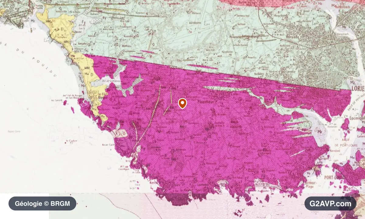Carte géologique BRGM au 1/50 000 du secteur de Ploemeur : granites en formations dominantes, repère au centre de la commune