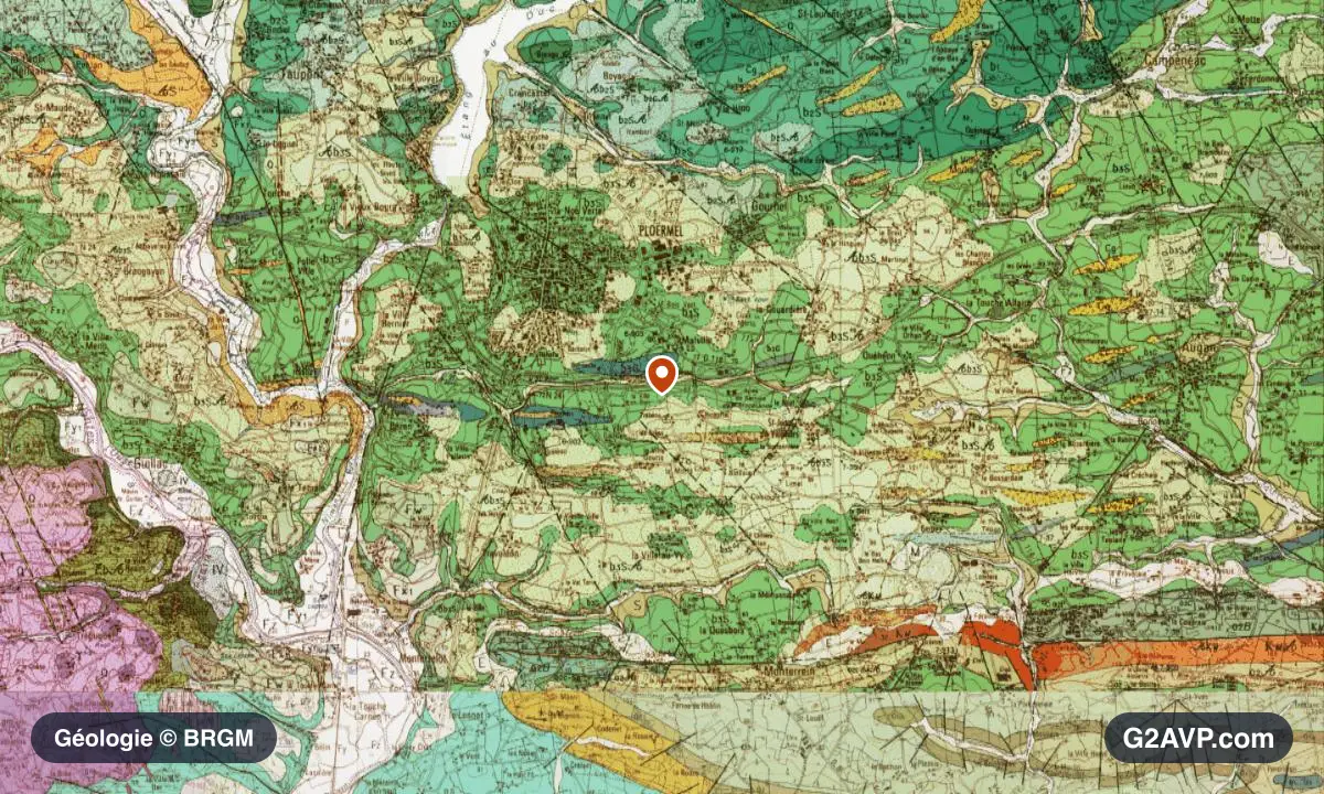 Carte géologique BRGM au 1/50 000 du secteur de Ploërmel : schistes et grès en formations dominantes, repère au centre de la commune