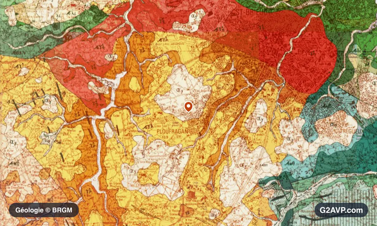 Carte géologique BRGM au 1/50 000 du secteur de Ploufragan : gneiss en formations dominantes, repère au centre de la commune