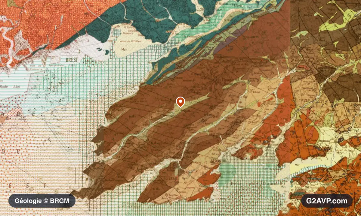 Carte géologique BRGM au 1/50 000 du secteur de Plougastel-Daoulas : schistes et grès en formations dominantes, repère au centre de la commune