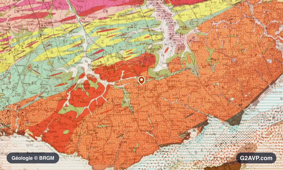 Carte géologique BRGM au 1/50 000 du secteur de Plouzané : gneiss en formations dominantes, repère au centre de la commune