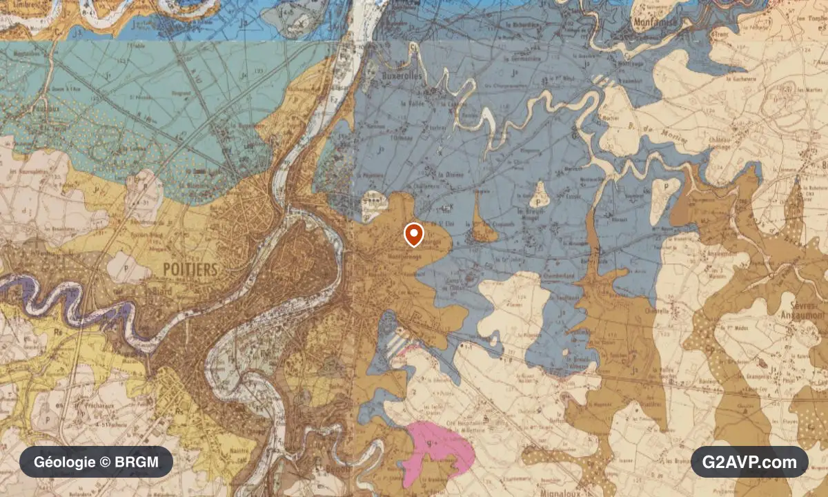 Carte géologique BRGM au 1/50 000 du secteur de Poitiers : calcaires, marnes et gypse en formations dominantes, repère au centre de la commune