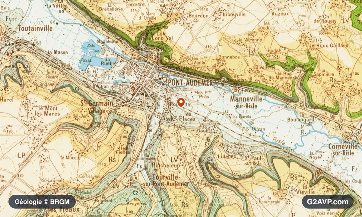 Carte géologique BRGM au 1/50 000 du secteur de Pont-Audemer : craie en formations dominantes, repère au centre de la commune