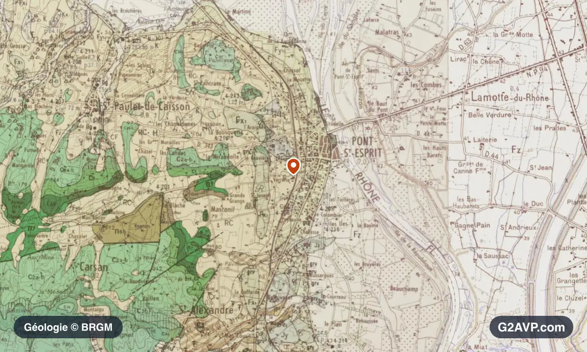 Carte géologique BRGM au 1/50 000 du secteur de Pont-Saint-Esprit : craie en formations dominantes, repère au centre de la commune