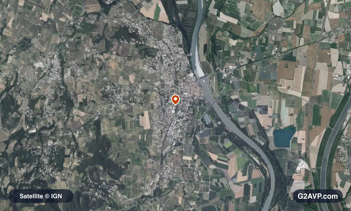 Vue satellite (orthophoto IGN) du secteur de Pont-Saint-Esprit, même emprise que la carte géologique