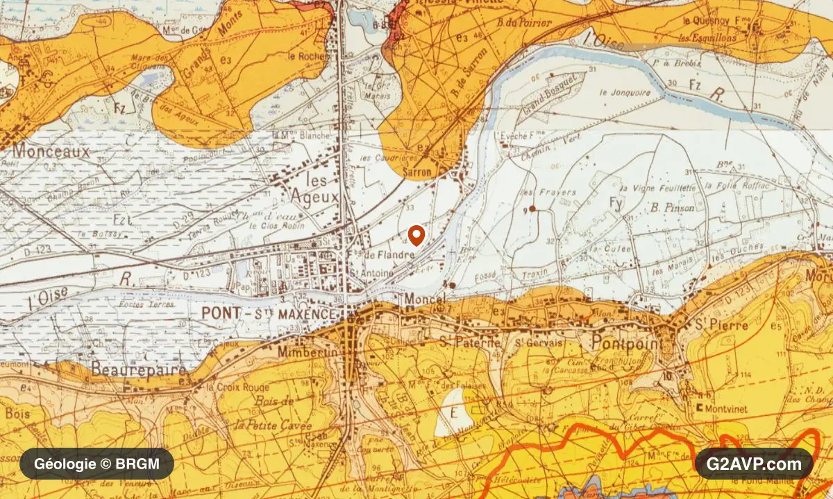 Carte géologique BRGM au 1/50 000 du secteur de Pont-Sainte-Maxence : sables en formations dominantes, repère au centre de la commune