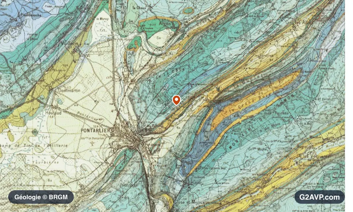 Carte géologique BRGM au 1/50 000 du secteur de Pontarlier : calcaires, marnes et gypse en formations dominantes, repère au centre de la commune