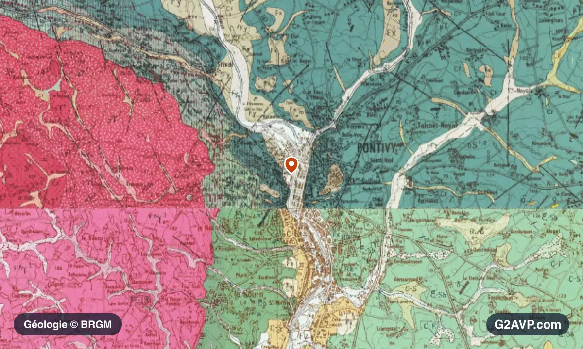 Carte géologique BRGM au 1/50 000 du secteur de Pontivy : schistes et grès en formations dominantes, repère au centre de la commune