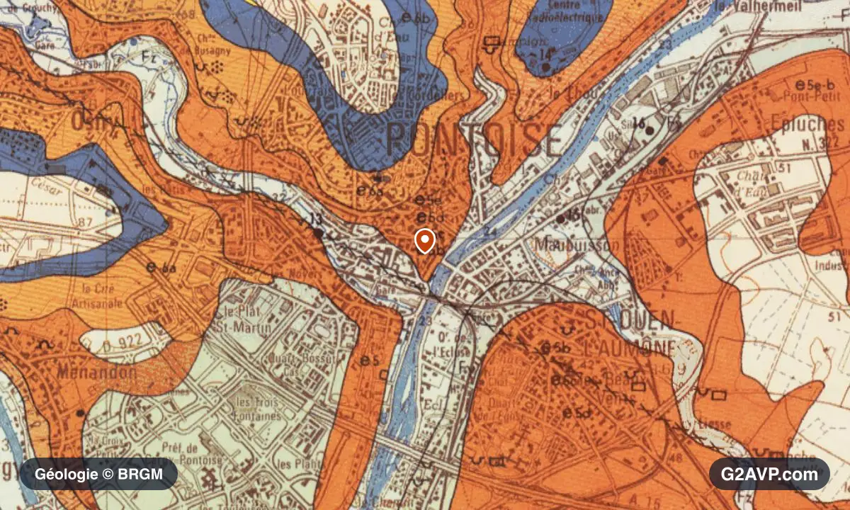 Carte géologique BRGM au 1/50 000 du secteur de Pontoise : calcaires, marnes et gypse en formations dominantes, repère au centre de la commune