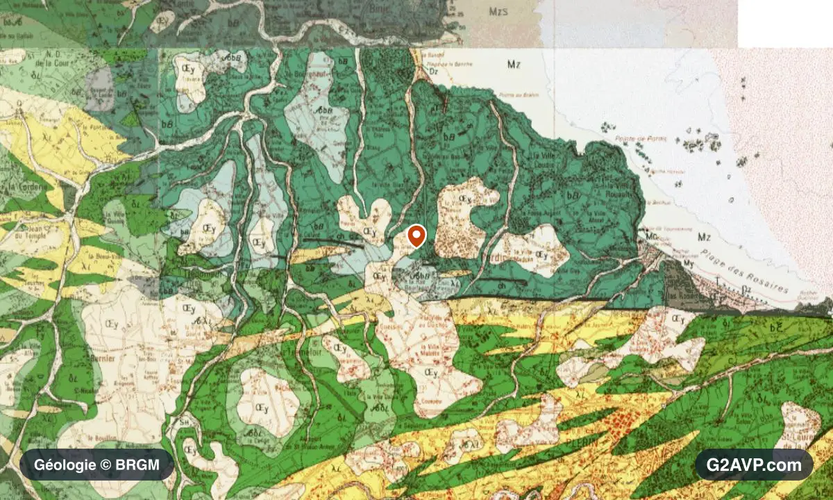 Carte géologique BRGM au 1/50 000 du secteur de Pordic : schistes et grès en formations dominantes, repère au centre de la commune