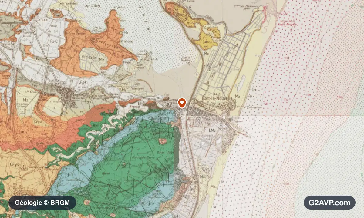 Carte géologique BRGM au 1/50 000 du secteur de Port-la-Nouvelle : calcaires, marnes et gypse en formations dominantes, repère au centre de la commune