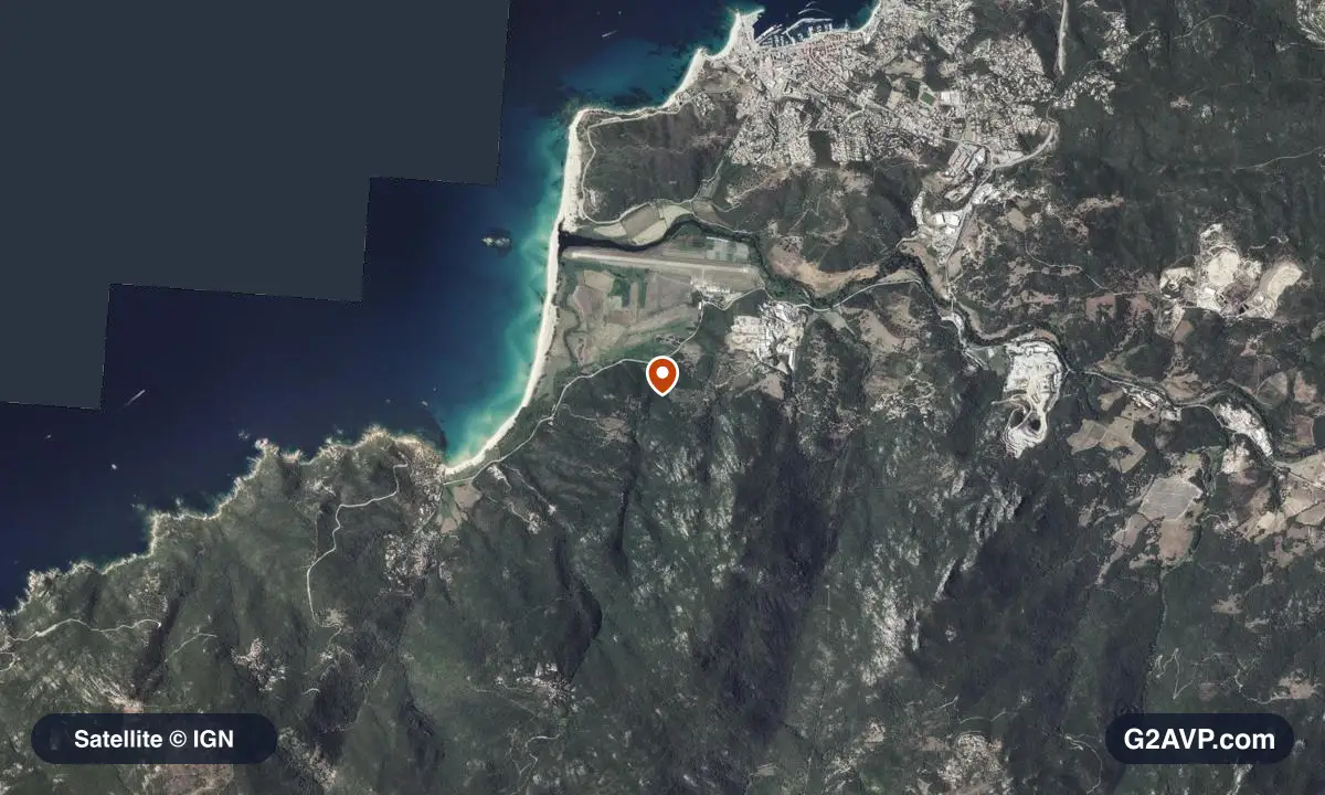 Vue satellite (orthophoto IGN) du secteur de Propriano, même emprise que la carte géologique