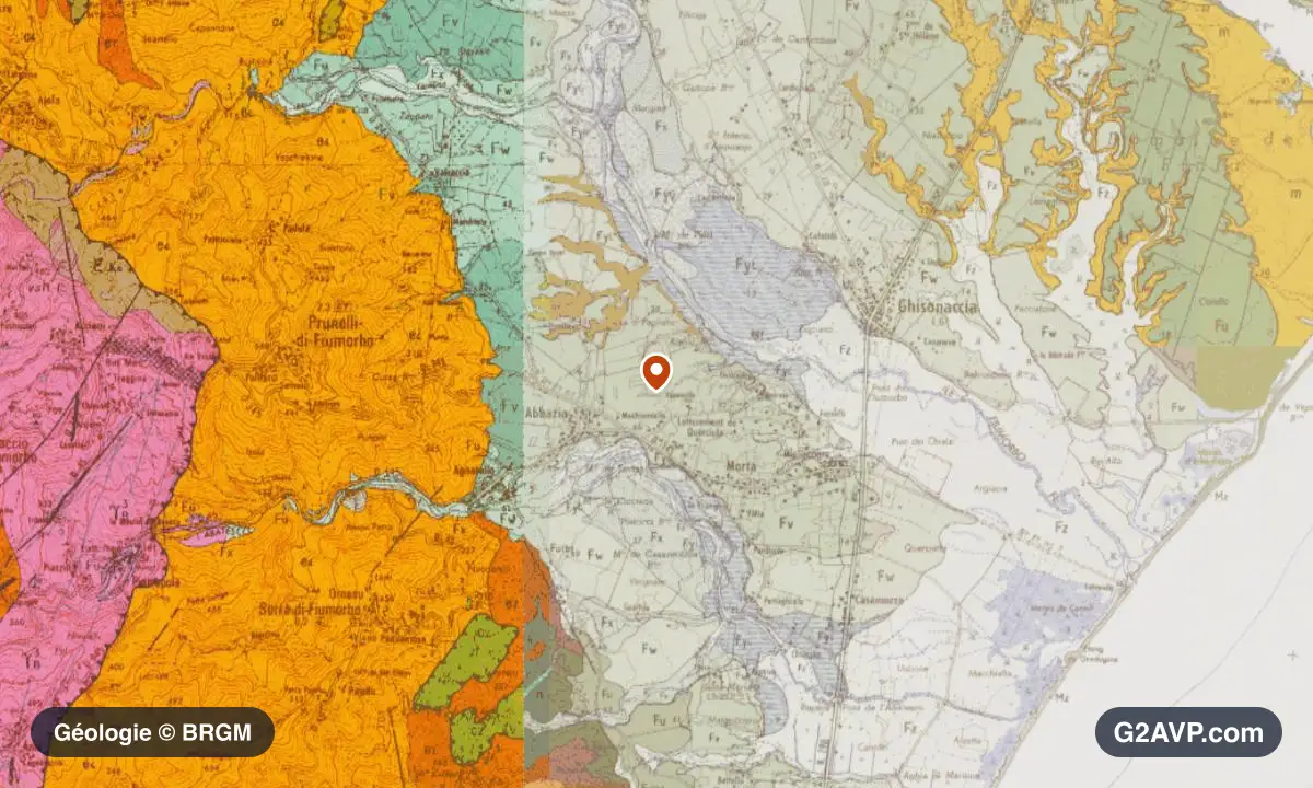 Carte géologique BRGM au 1/50 000 du secteur de Prunelli-di-Fiumorbo : calcaires, marnes et gypse en formations dominantes, repère au centre de la commune