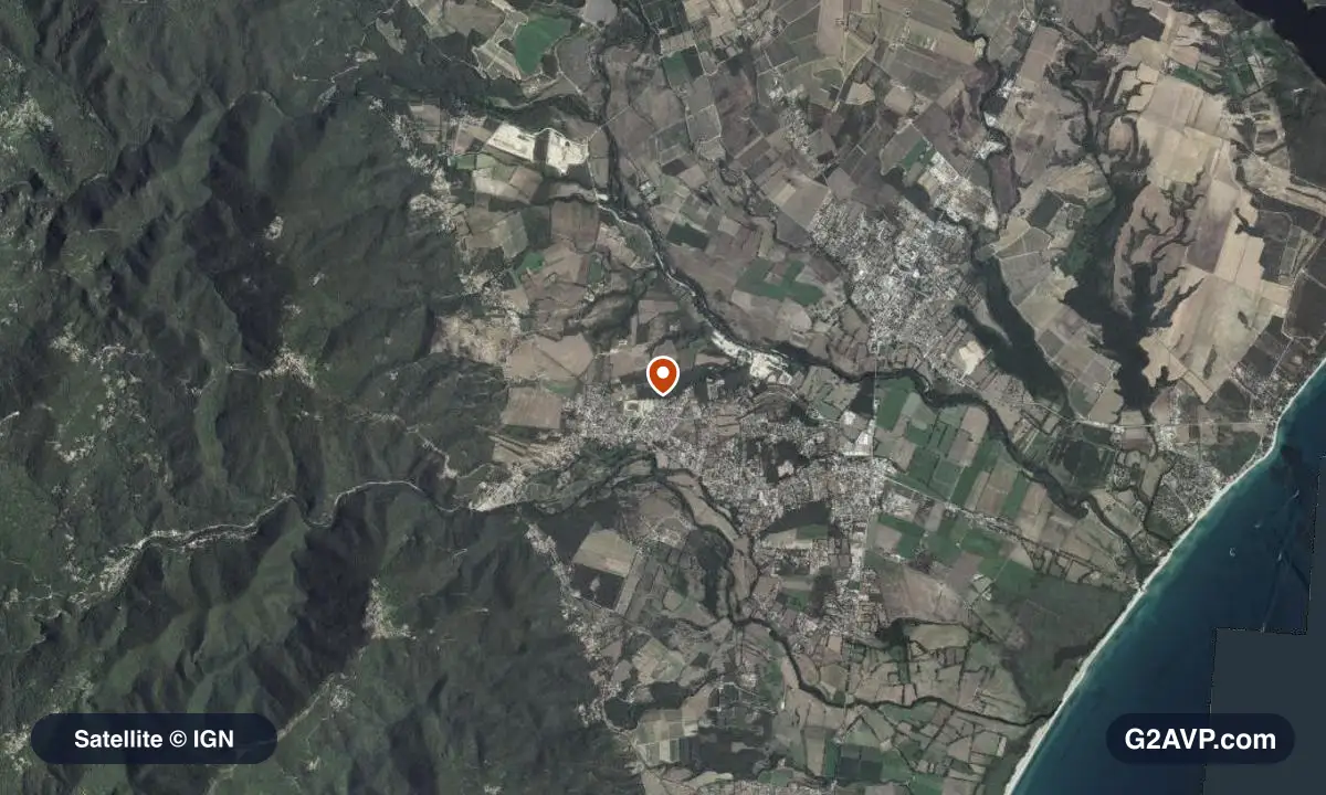 Vue satellite (orthophoto IGN) du secteur de Prunelli-di-Fiumorbo, même emprise que la carte géologique