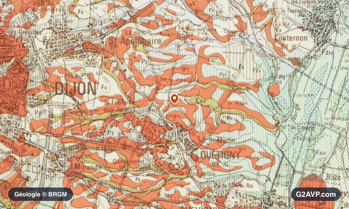 Carte géologique BRGM au 1/50 000 du secteur de Quetigny : grès en formations dominantes, repère au centre de la commune