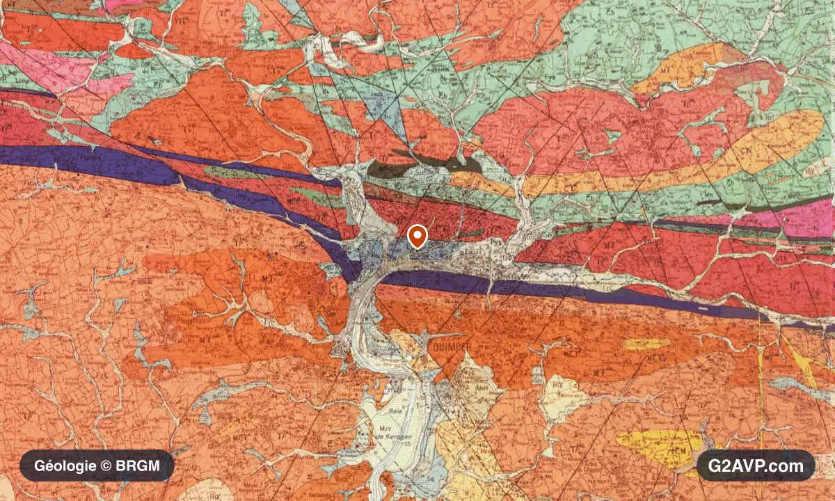 Carte géologique BRGM au 1/50 000 du secteur de Quimper : granites en formations dominantes, repère au centre de la commune