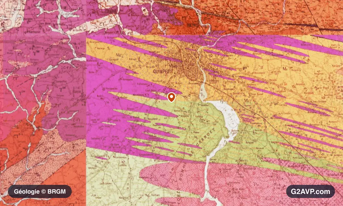 Carte géologique BRGM au 1/50 000 du secteur de Quimperlé : granites en formations dominantes, repère au centre de la commune