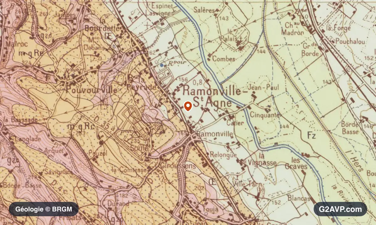 Carte géologique BRGM au 1/50 000 du secteur de Ramonville-Saint-Agne : argiles en formations dominantes, repère au centre de la commune