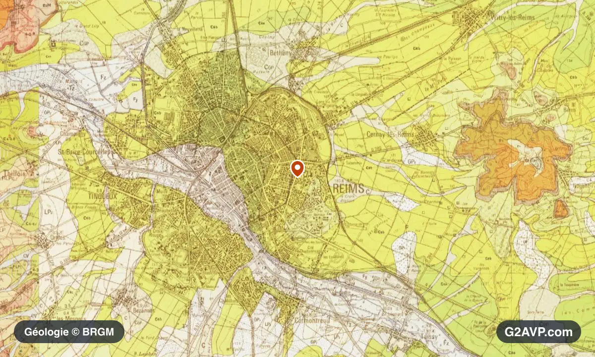 Carte géologique BRGM au 1/50 000 du secteur de Reims : craie en formations dominantes, repère au centre de la commune