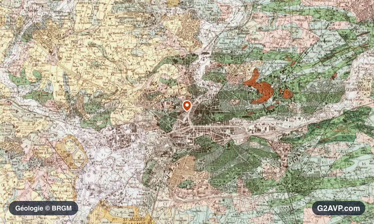 Carte géologique BRGM au 1/50 000 du secteur de Rennes : schistes et grès en formations dominantes, repère au centre de la commune