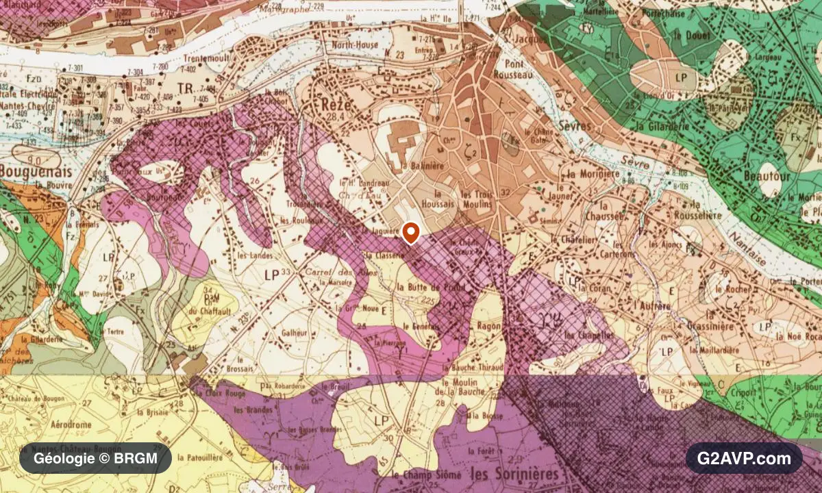 Carte géologique BRGM au 1/50 000 du secteur de Rezé : granites en formations dominantes, repère au centre de la commune