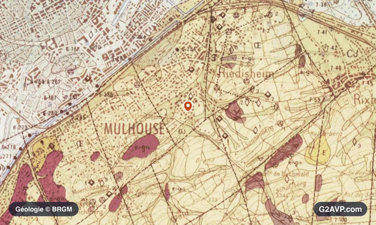 Carte géologique BRGM au 1/50 000 du secteur de Riedisheim : grès en formations dominantes, repère au centre de la commune