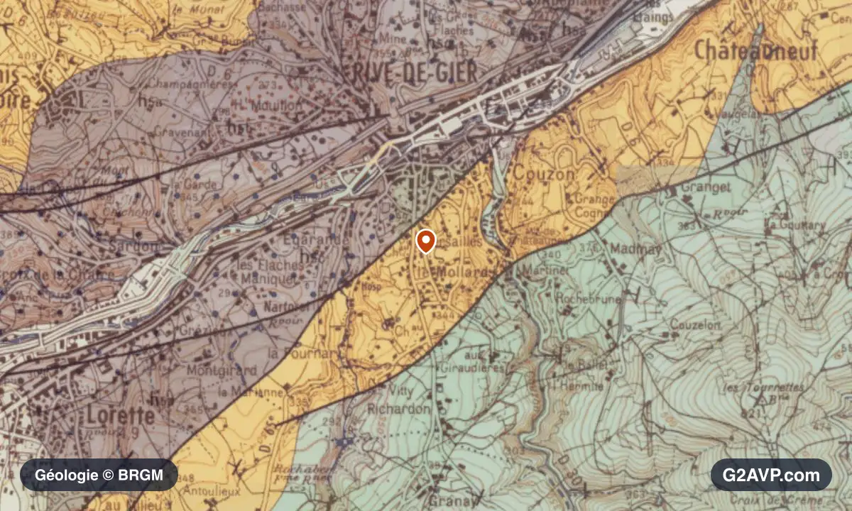 Carte géologique BRGM au 1/50 000 du secteur de Rive-de-Gier : grès en formations dominantes, repère au centre de la commune