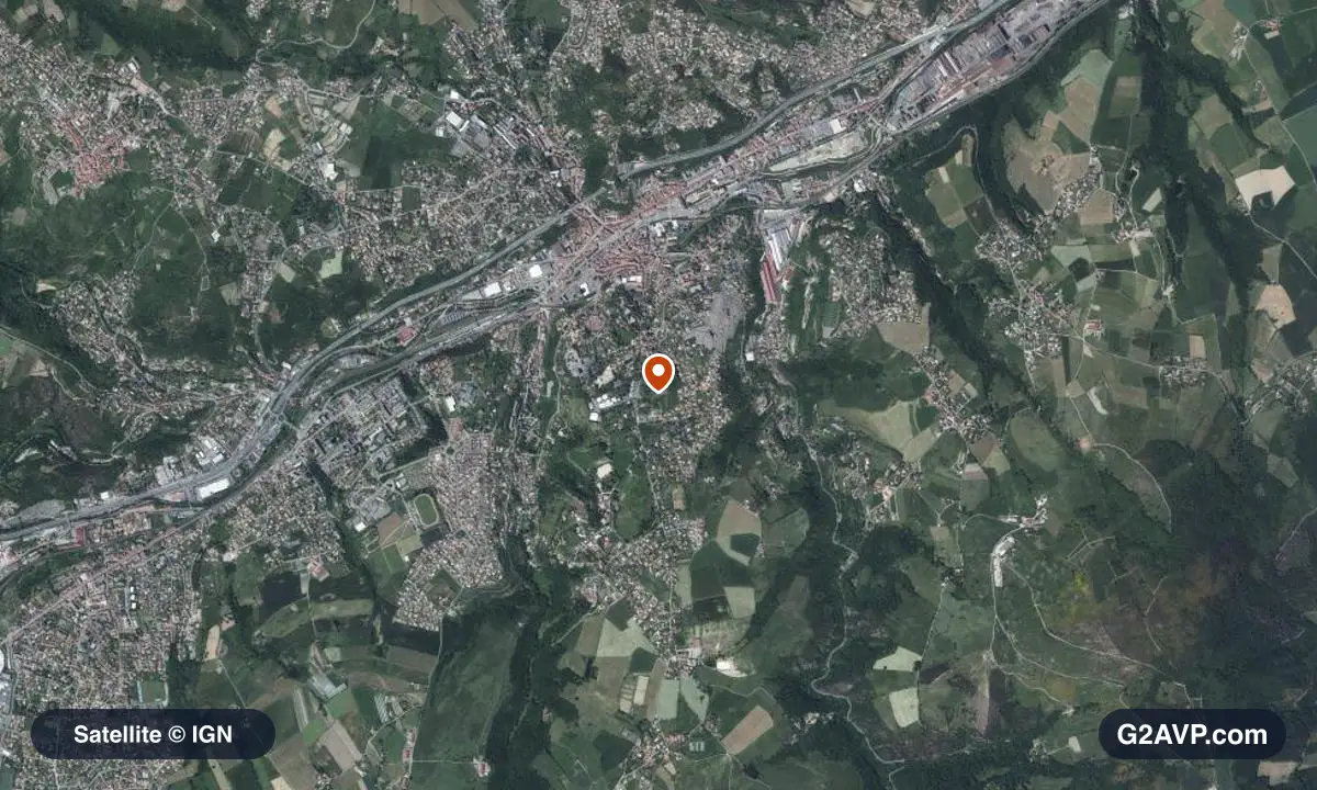 Vue satellite (orthophoto IGN) du secteur de Rive-de-Gier, même emprise que la carte géologique
