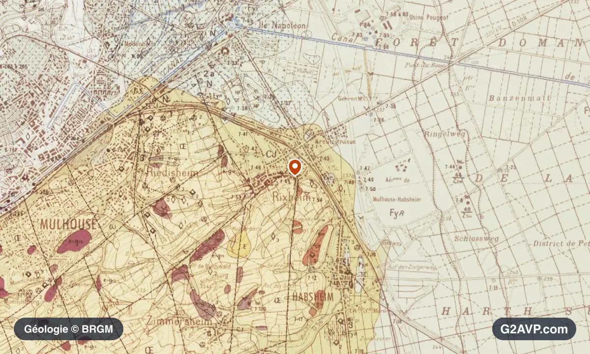 Carte géologique BRGM au 1/50 000 du secteur de Rixheim : argiles en formations dominantes, repère au centre de la commune