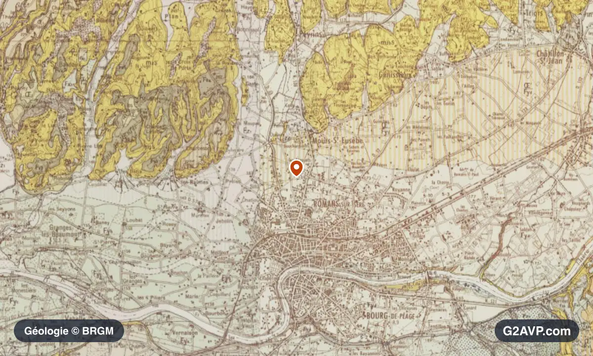 Carte géologique BRGM au 1/50 000 du secteur de Romans-sur-Isère : argiles en formations dominantes, repère au centre de la commune