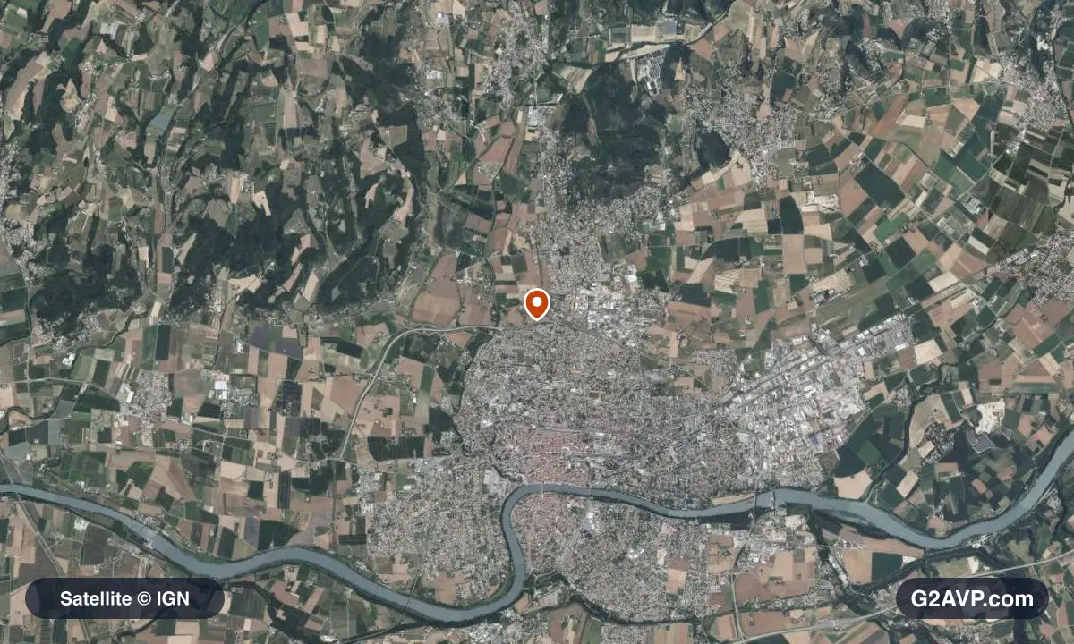 Vue satellite (orthophoto IGN) du secteur de Romans-sur-Isère, même emprise que la carte géologique