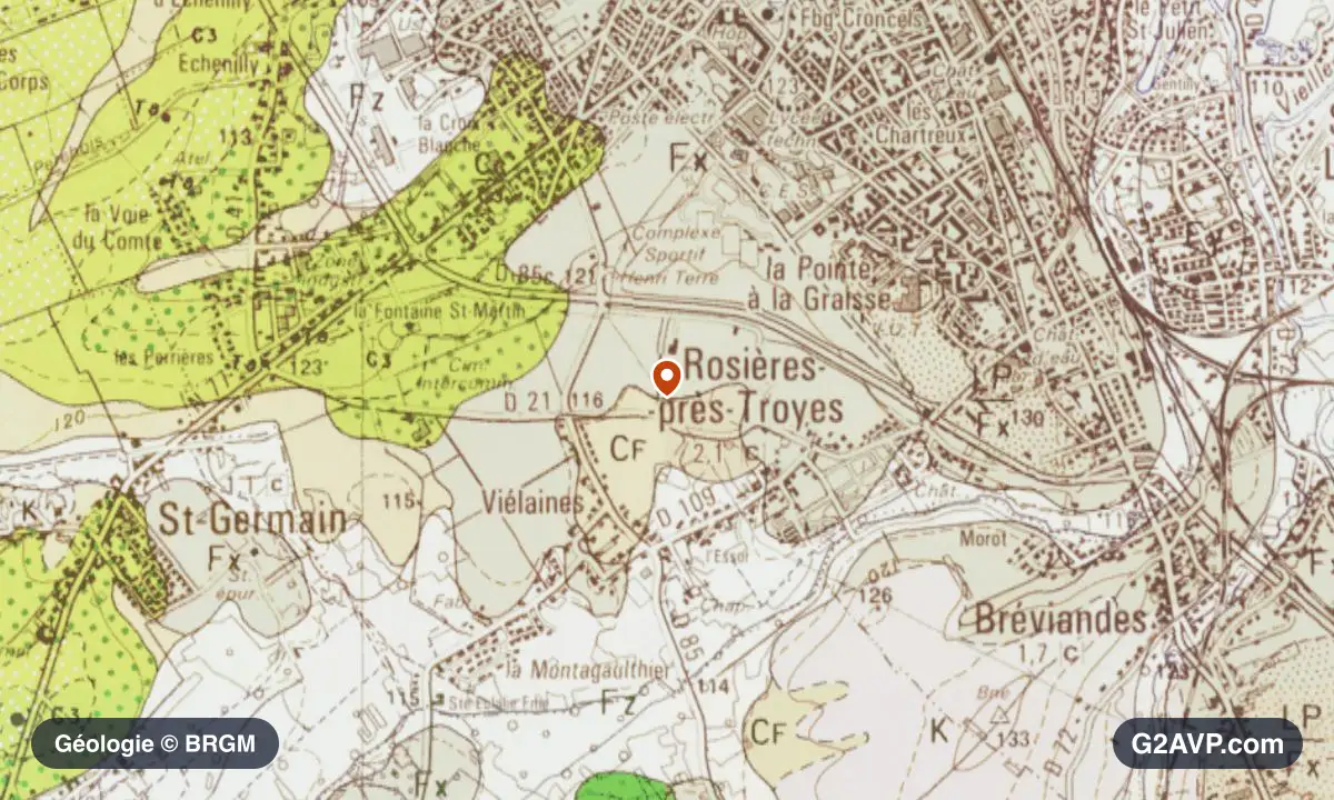 Carte géologique BRGM au 1/50 000 du secteur de Rosières-près-Troyes : craie en formations dominantes, repère au centre de la commune