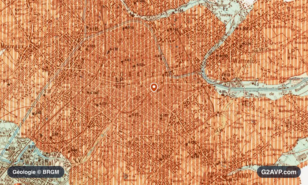 Carte géologique BRGM au 1/50 000 du secteur de Roubaix : argiles en formations dominantes, repère au centre de la commune