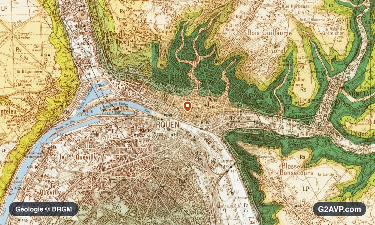 Carte géologique BRGM au 1/50 000 du secteur de Rouen : craie en formations dominantes, repère au centre de la commune
