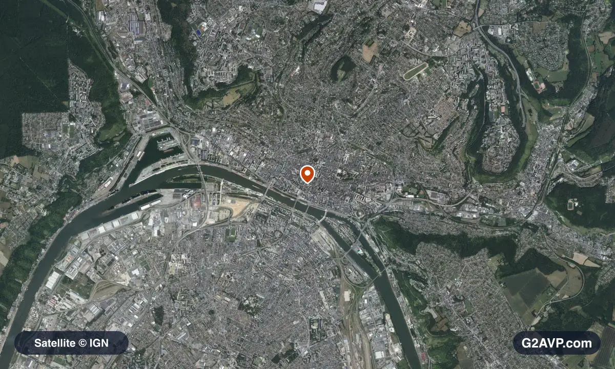 Vue satellite (orthophoto IGN) du secteur de Rouen, même emprise que la carte géologique