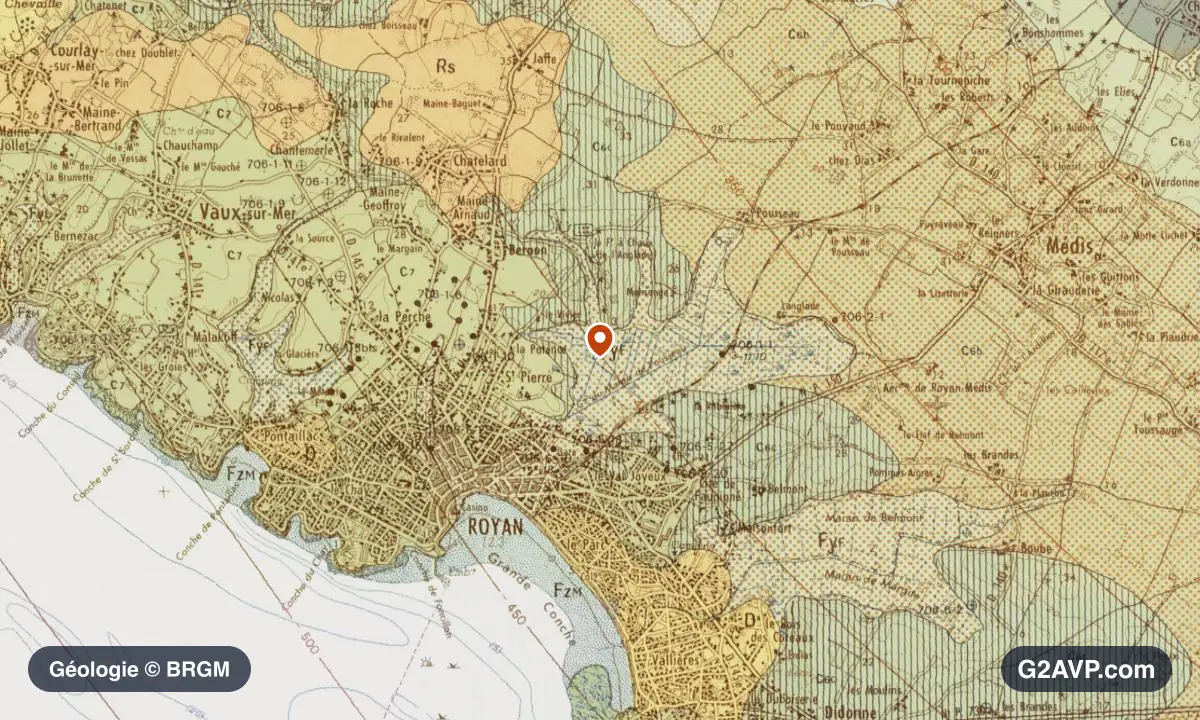 Carte géologique BRGM au 1/50 000 du secteur de Royan : calcaires, marnes et gypse en formations dominantes, repère au centre de la commune