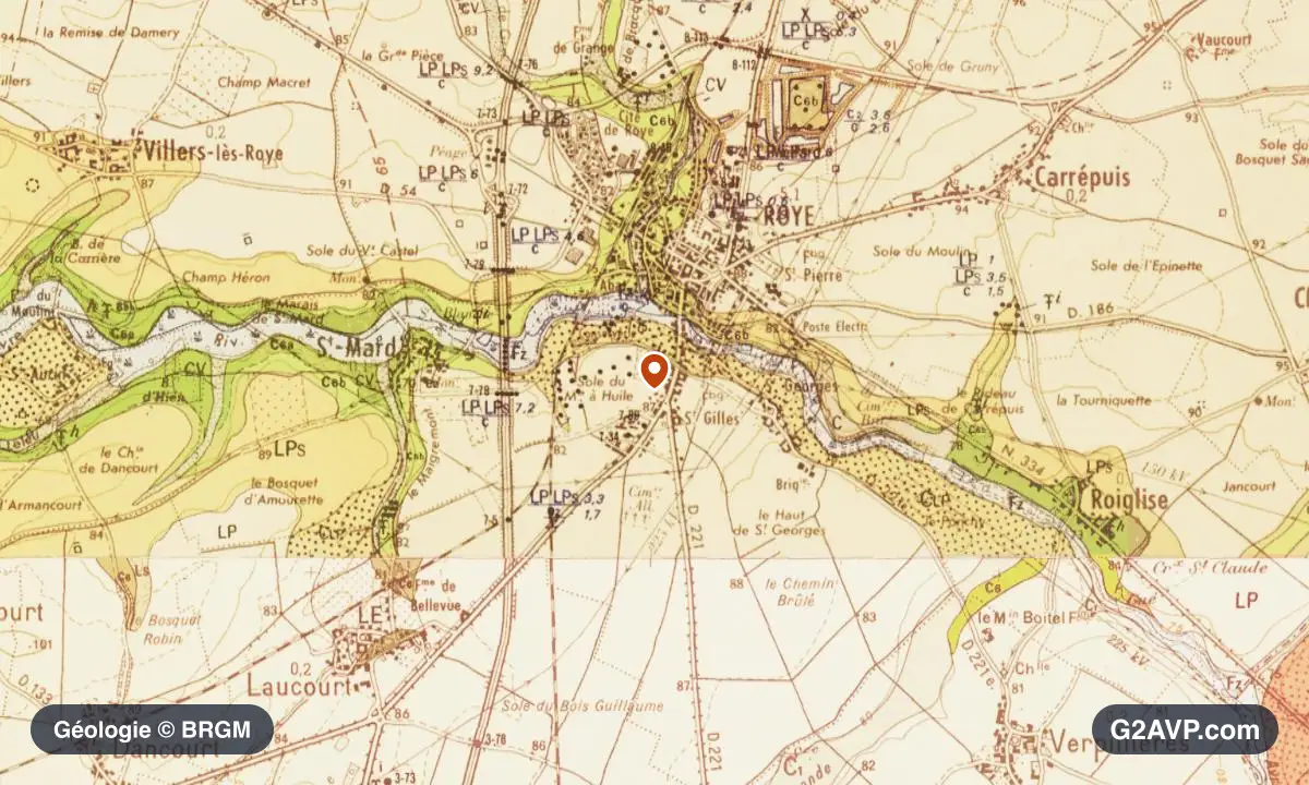 Carte géologique BRGM au 1/50 000 du secteur de Roye : craie en formations dominantes, repère au centre de la commune