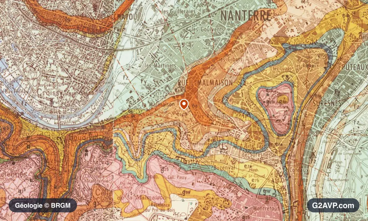 Carte géologique BRGM au 1/50 000 du secteur de Rueil-Malmaison : calcaires, marnes et gypse en formations dominantes, repère au centre de la commune