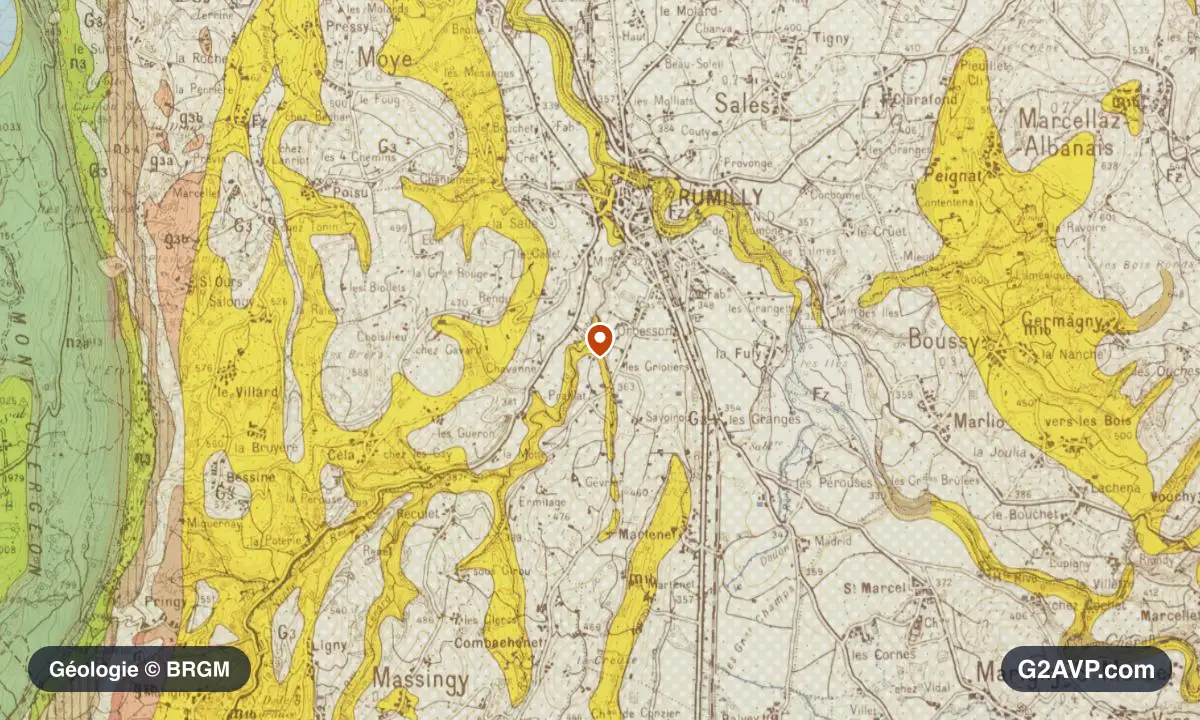 Carte géologique BRGM au 1/50 000 du secteur de Rumilly : argiles en formations dominantes, repère au centre de la commune