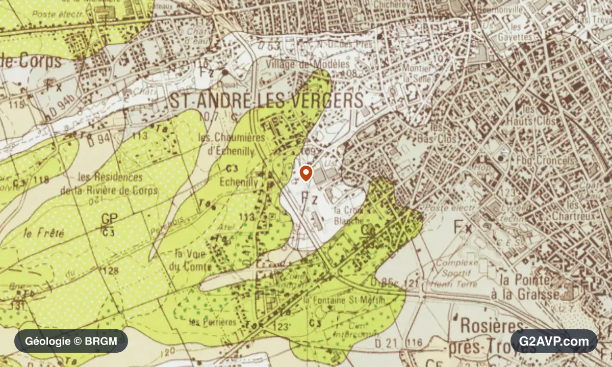 Carte géologique BRGM au 1/50 000 du secteur de Saint-André-les-Vergers : craie en formations dominantes, repère au centre de la commune