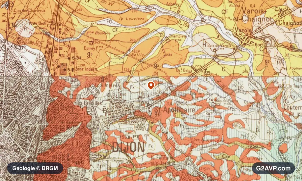 Carte géologique BRGM au 1/50 000 du secteur de Saint-Apollinaire : grès en formations dominantes, repère au centre de la commune