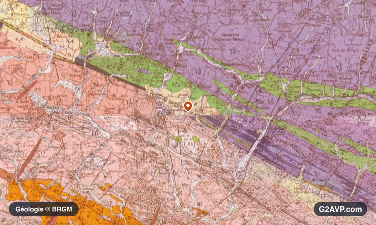 Carte géologique BRGM au 1/50 000 du secteur de Saint-Avé : granites en formations dominantes, repère au centre de la commune