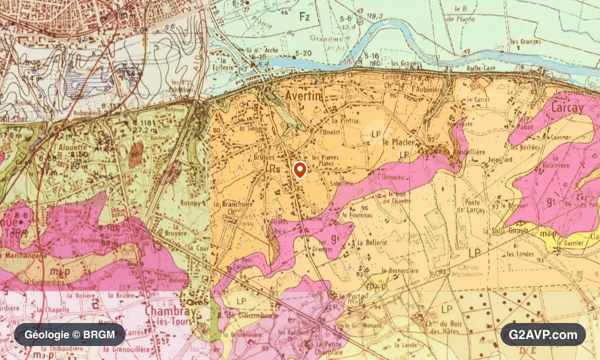 Carte géologique BRGM au 1/50 000 du secteur de Saint-Avertin : argiles en formations dominantes, repère au centre de la commune
