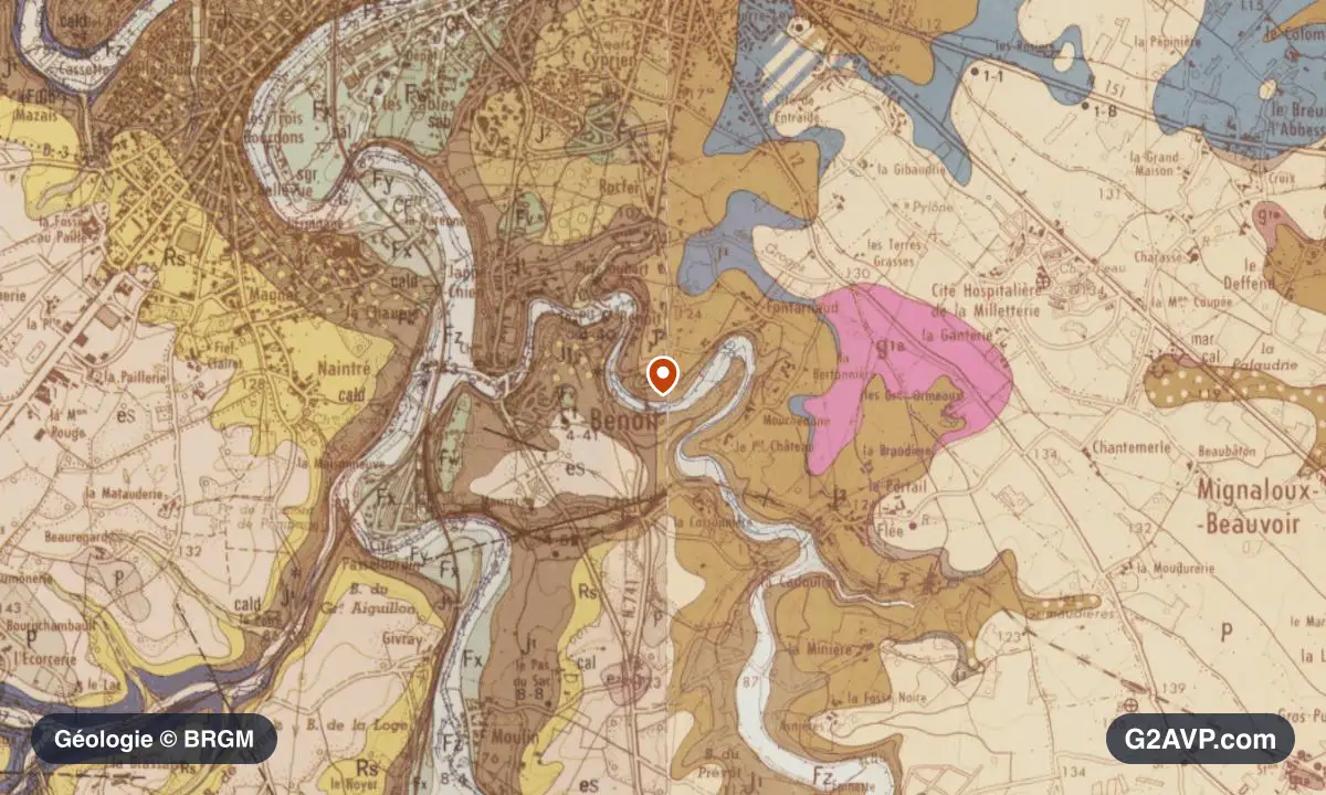 Carte géologique BRGM au 1/50 000 du secteur de Saint-Benoît : calcaires, marnes et gypse en formations dominantes, repère au centre de la commune