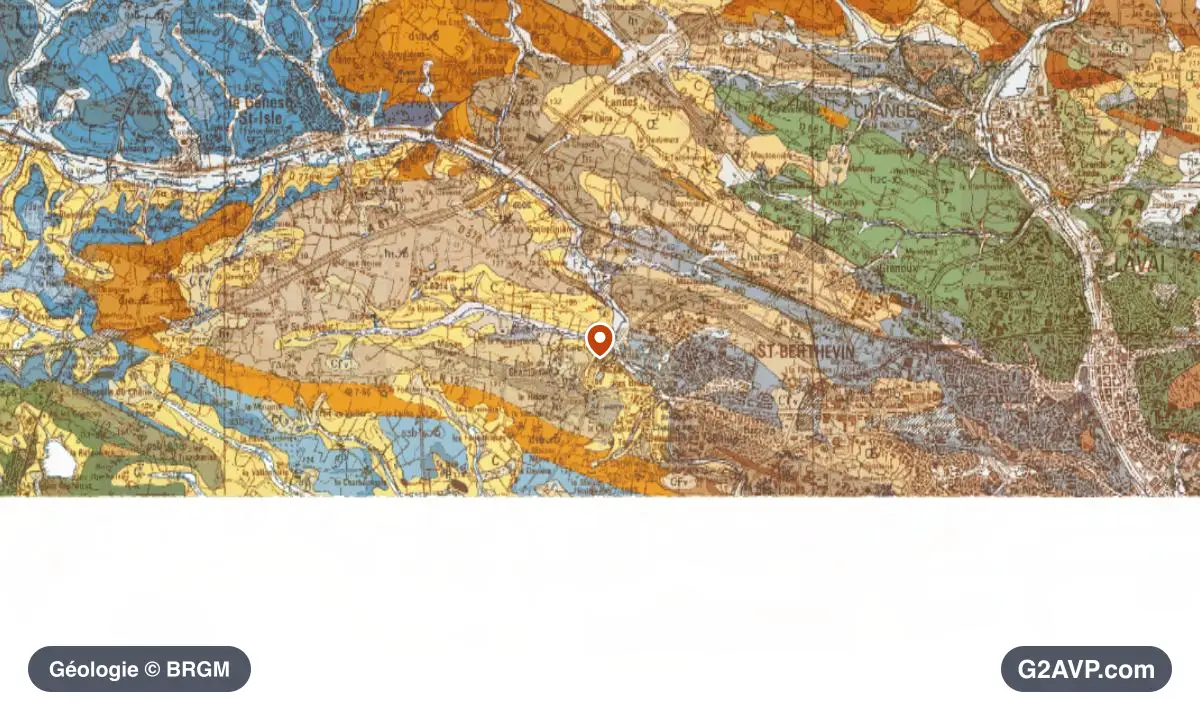 Carte géologique BRGM au 1/50 000 du secteur de Saint-Berthevin : schistes et grès en formations dominantes, repère au centre de la commune