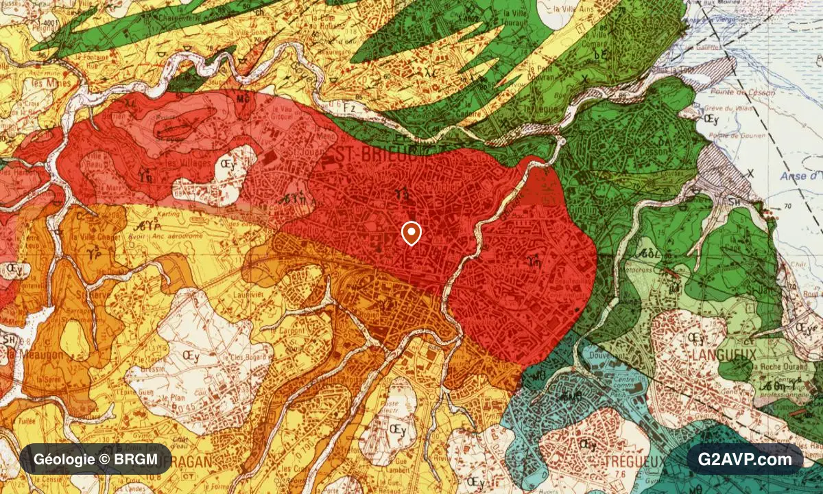 Carte géologique BRGM au 1/50 000 du secteur de Saint-Brieuc : gneiss en formations dominantes, repère au centre de la commune