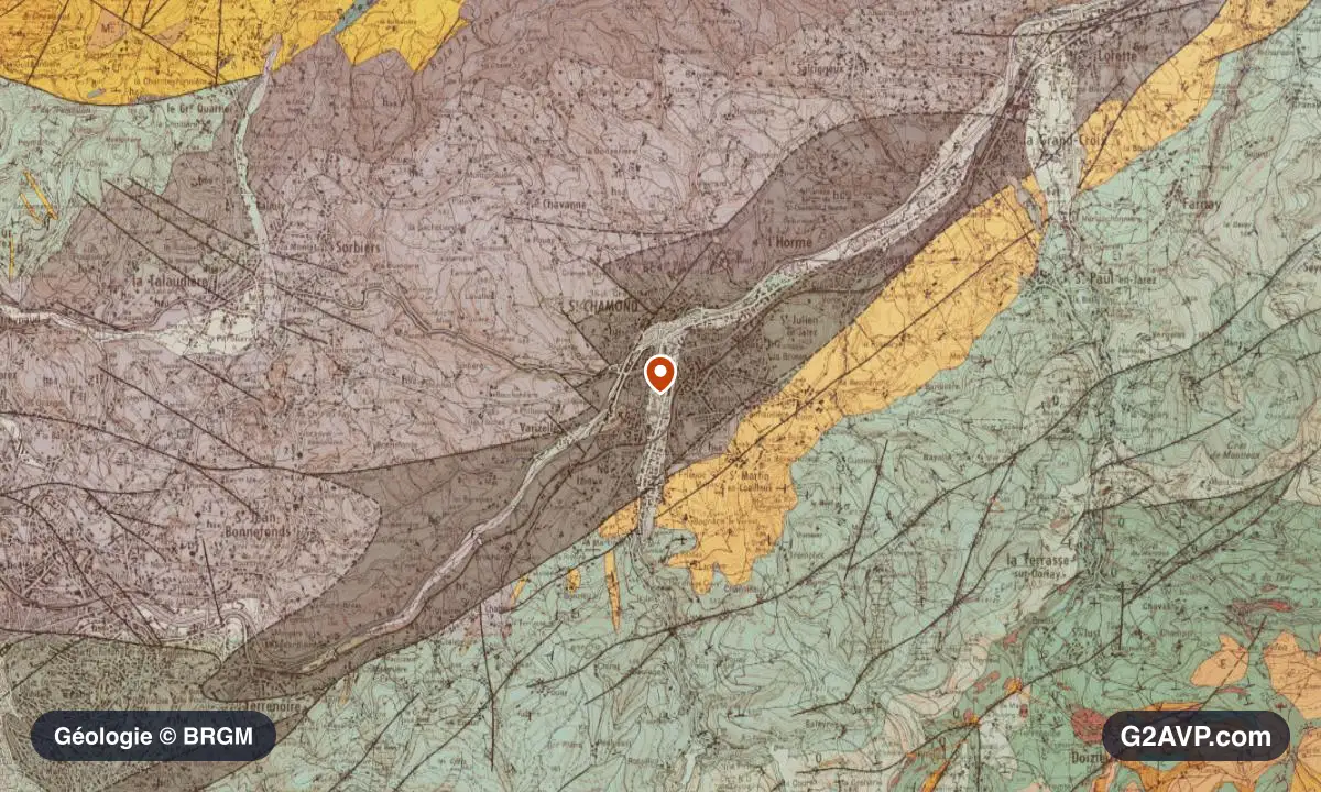 Carte géologique BRGM au 1/50 000 du secteur de Saint-Chamond : grès en formations dominantes, repère au centre de la commune